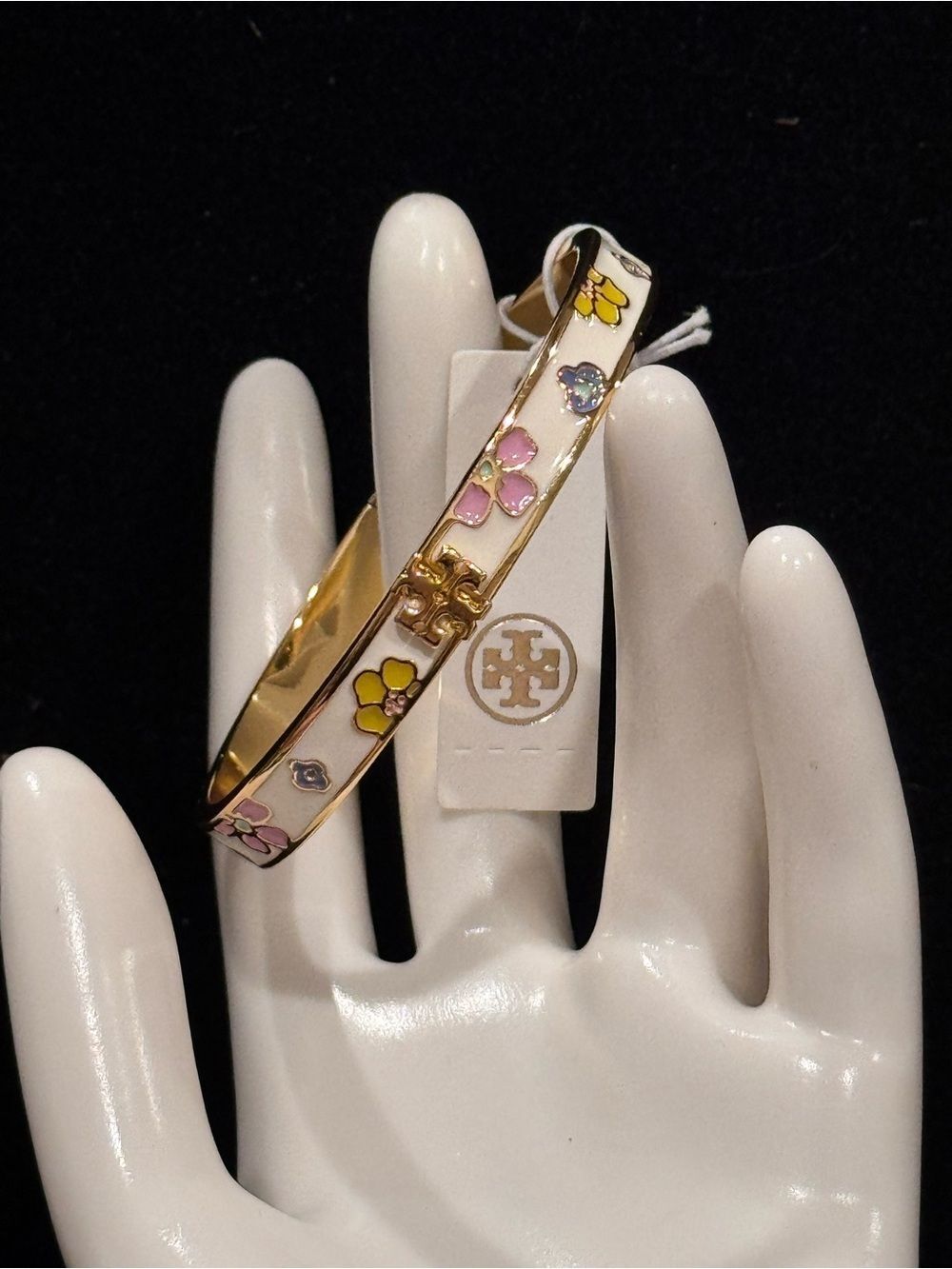 NWT Tory Burch Kira Flora-Print Enamel Hinged Bangle Bracelet Gold Cream - Picture 3 of 13